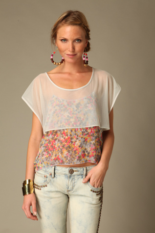 Cropped Mesh Floral Top