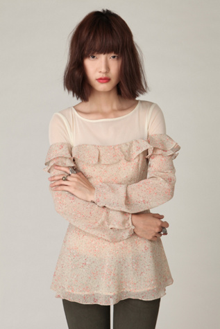 Long Sleeve Floral Mesh Ruffle Tunic
