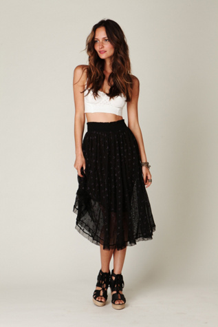 FP New Romantics Mesh Embroidered Tea Length Skirt