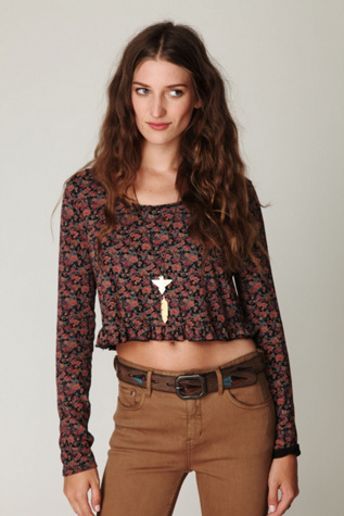Long Sleeve Printed Ruffle Crop Top