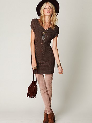 New Free People Wool Blend Cable Autumn Garden Sweater Dress Tunic XS