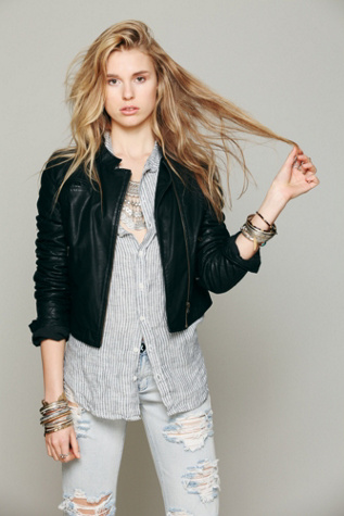 Quilted Sleeve Vegan Leather Jacket