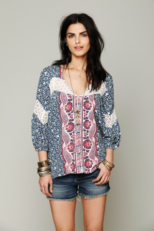 Free People Printed Bubble Sleeve Top in tops