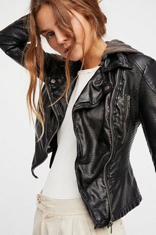 Vegan Leather Hooded Moto Jacket